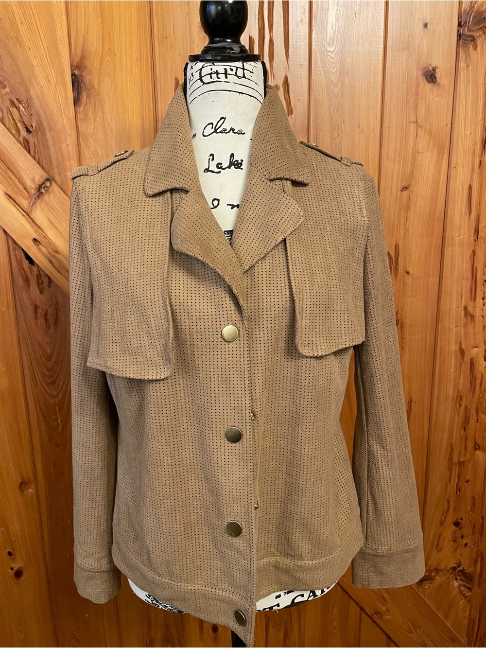 Women’s Tan Utility Jacket with Button Front ultra suede chicos